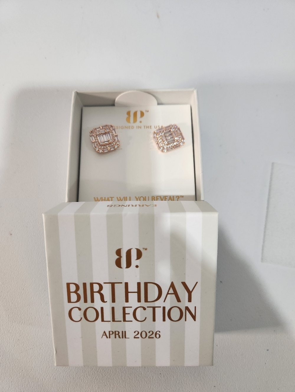 bp Rose Gold Square Halo Baguette & Round CZ Stud Earrings - Picture 2 of 3